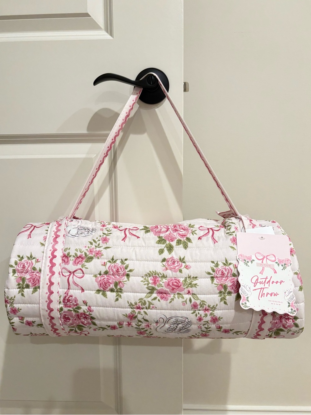 Envogue Coquette pink bows and swan print reversible outdoor blanket